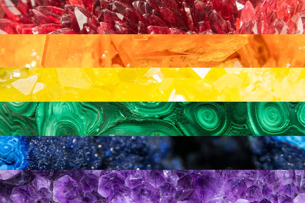 Rainbow flag composite from minerals in the Minerals gallery for World Pride, Into the Light trail, 2023.