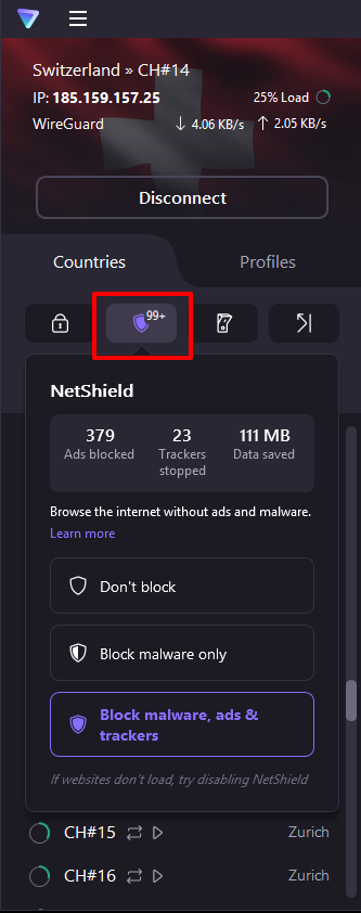 The NetShield option in the Windows, macOS, and Linux apps.